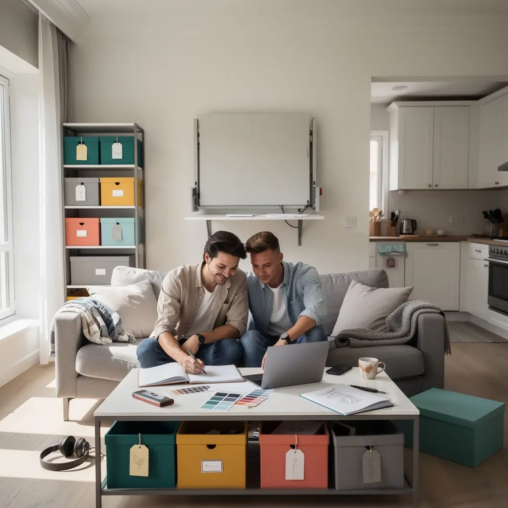 Plan mieszkania z optymalizacją przestrzeni i różnorodnymi pomysłami na przechowywanie.