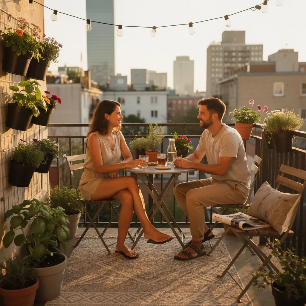 Sypialnia w małym mieszkaniu z przestronnymi szafkami i ciepłym oświetleniem.
