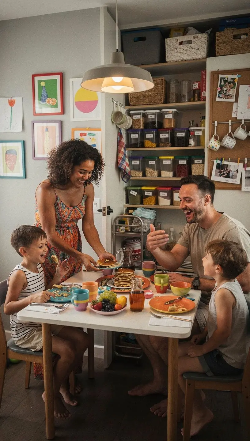 Przykład kuchni z wielofunkcyjnymi meblami i efektownym oświetleniem.