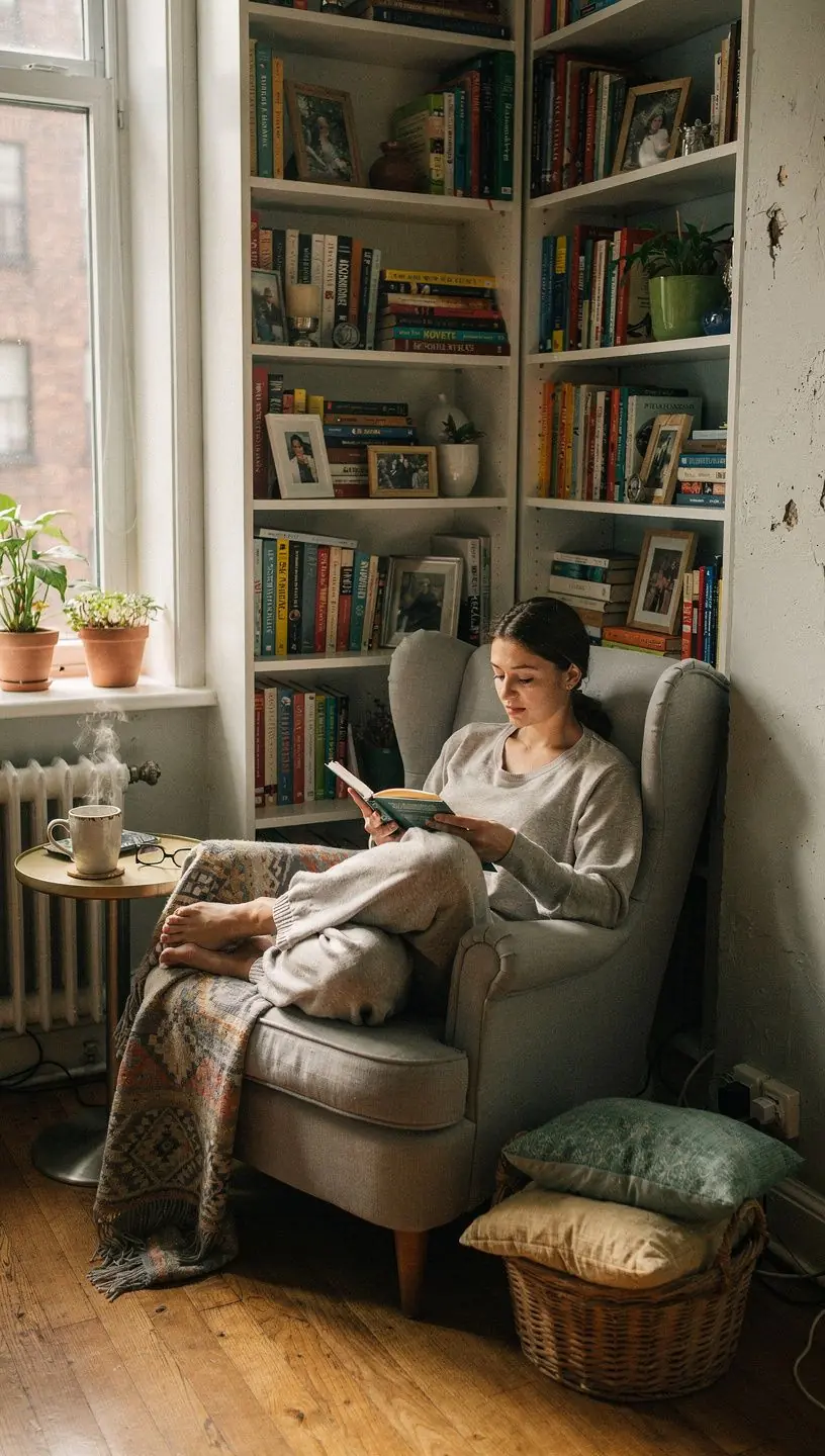 Urokliwy kącik do pracy w małym mieszkaniu z praktycznymi półkami i lampą biurkową.