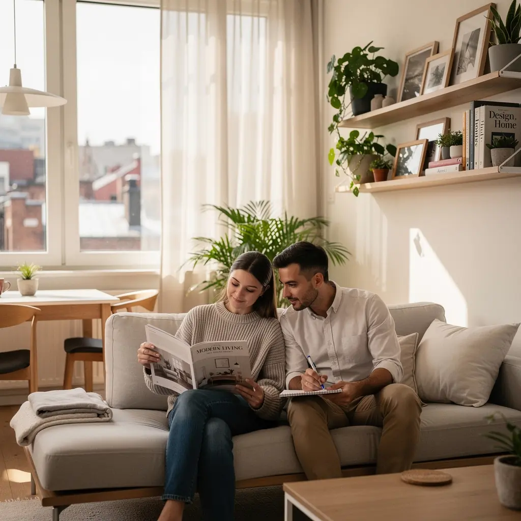 Minimalistyczna kuchnia w małym lokalu z optymalnymi rozwiązaniami przechowywania i jasnymi lampami.